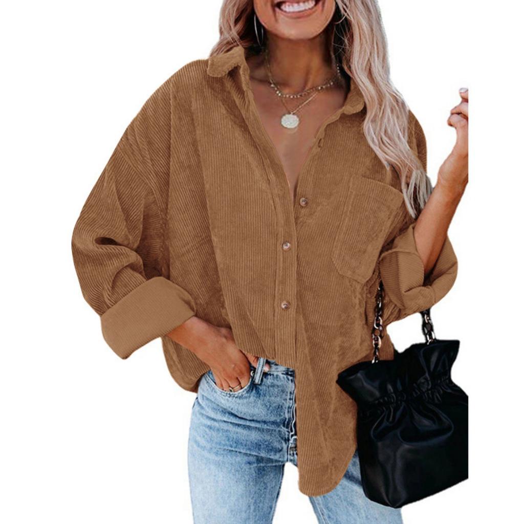 Autumn New Corduroy Shirt, Casual Long Sleeve Button Down Blouse Top for Women, European American Style Crossborder Women's Clothing