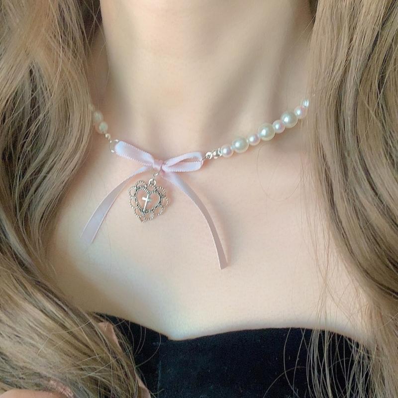 Sweet Pink Heart Necklace with Imitation Pearl Elegant Heart Cross Choker Clavicle Chain for Women Teen Fashion Jewelry