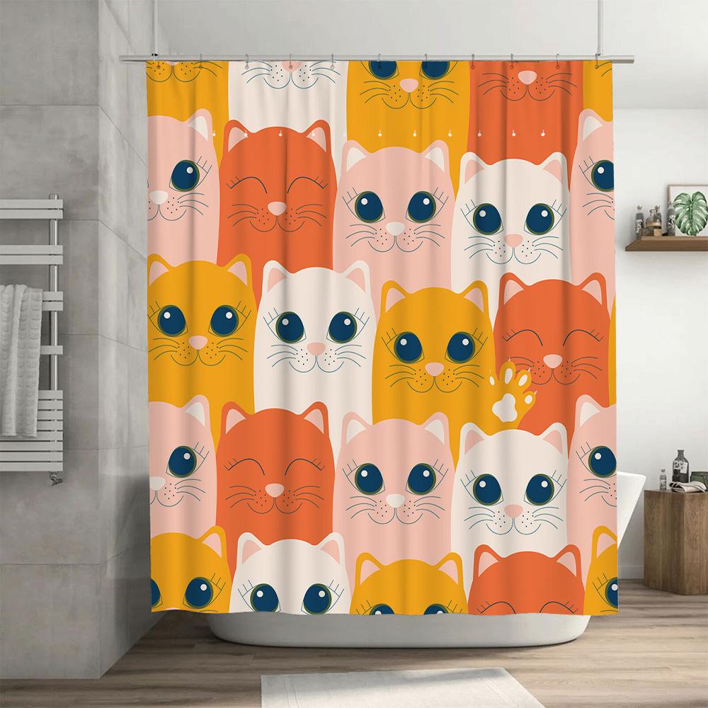 Cute Cartoon Cat Shower Curtain Waterproof Bathroom Decor