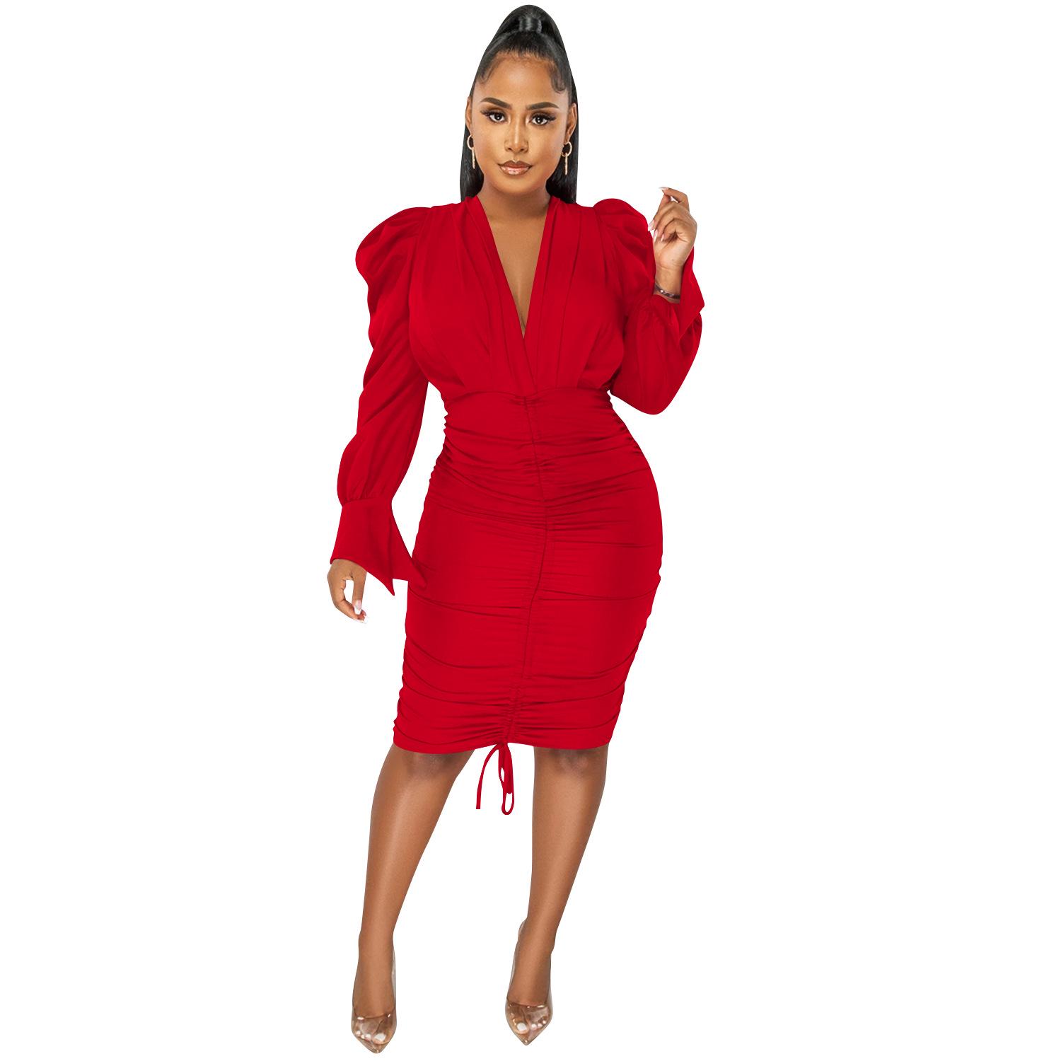 

Pleated V-Neck Solid Color Long Sleeve Dress for Women Medium червоний