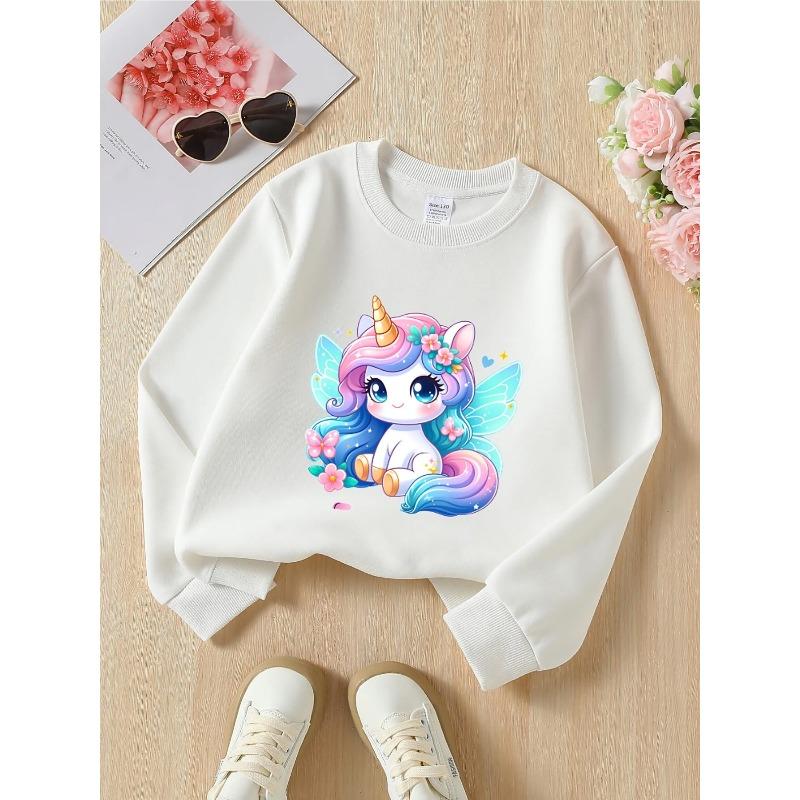 European sizes Crewneck Sweatshirt for Girls with Unicorn, Flowers & Wings, Soft Comfy Sportswear for Casual Outings