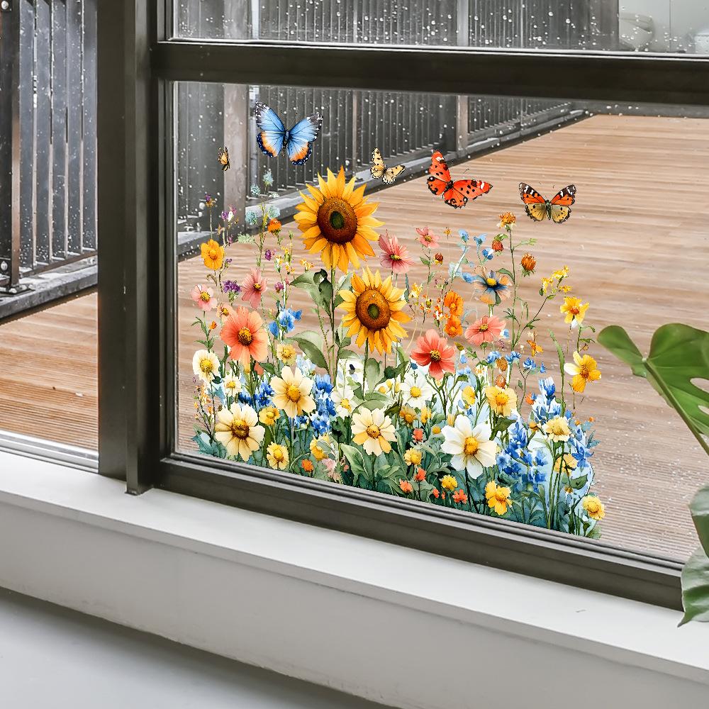 Painted Sunflower and Butterfly Balcony Glass Home Beautification and Decoration Static Electricity Window Stickers