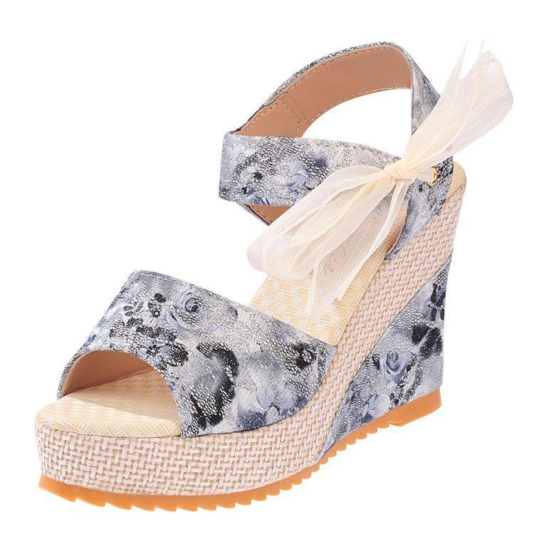 Sandals women's summer casual new super high heel flower wedge heel strap bow platform bohemian women's shoes