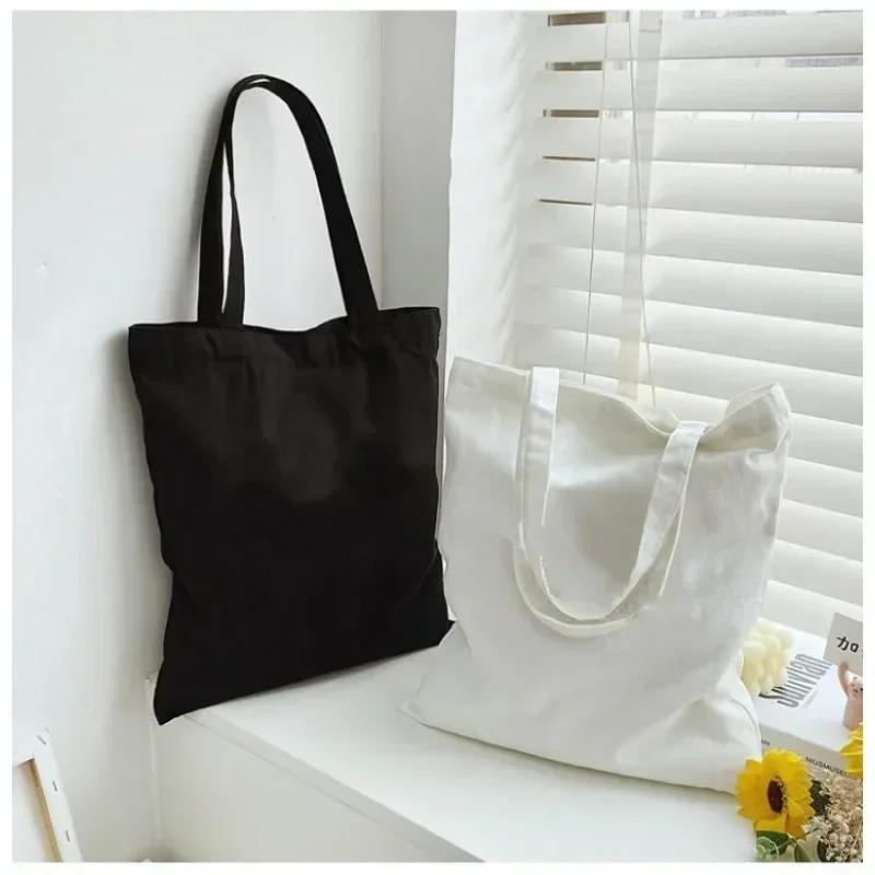 DIY Shoulder Bag Large Capacity Black White Canvas Shoulder Tote Bag Folding Eco Cotton Handbag Reusable Shopping Bag