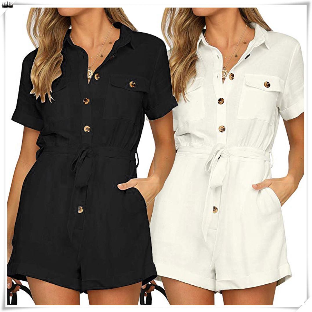 

Женская повседневная кнопка вниз наручниках короткий рукав Boho playsuit комбинезон