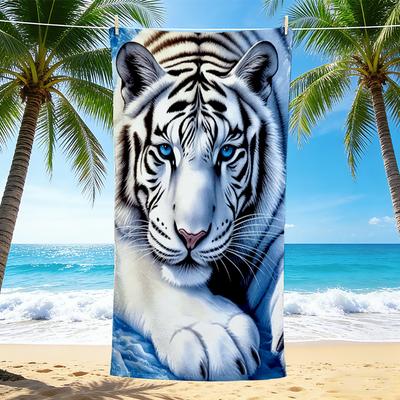 1Pc White Tiger Majesty Beach Towel, Quick Dry, Multi-Use for Beach Pool Gym Yoga Home Travel, Christmas, Halloween, Xmas Gift M928822
