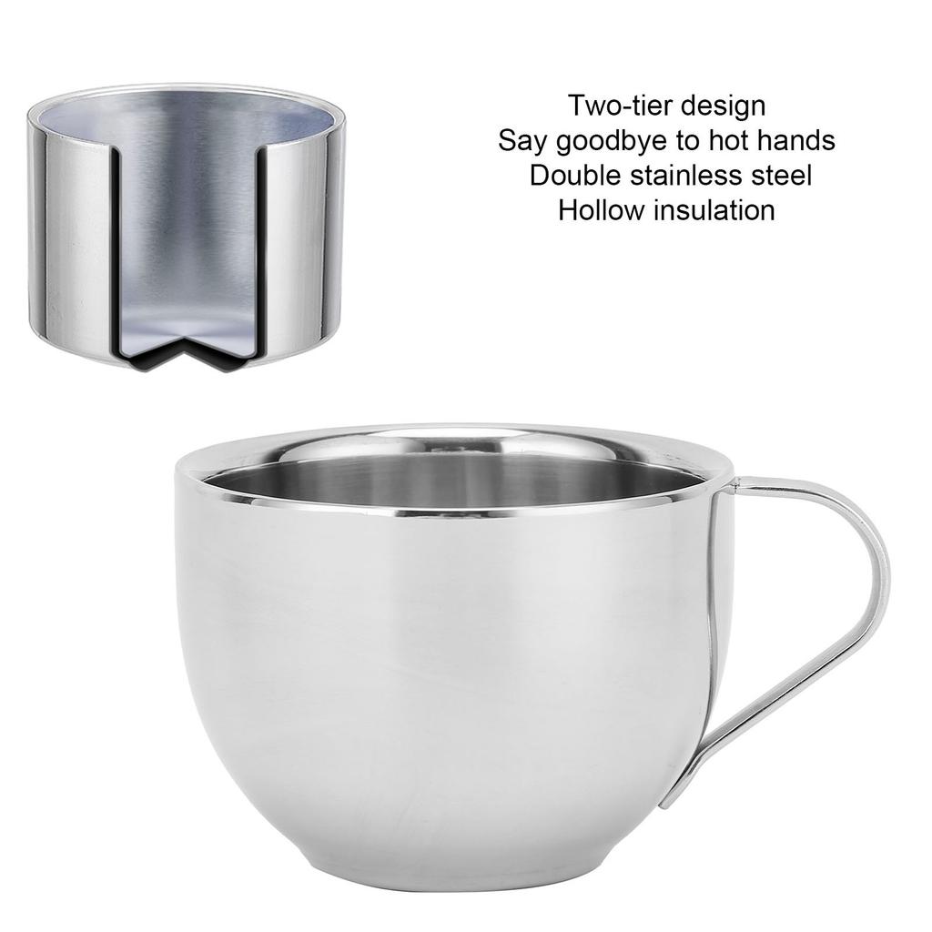 Kaffeetasse Edelstahl Doppelschicht Isolierung Milchbecher mit Löffel Untertasse Haushalt(Silber 180ML)