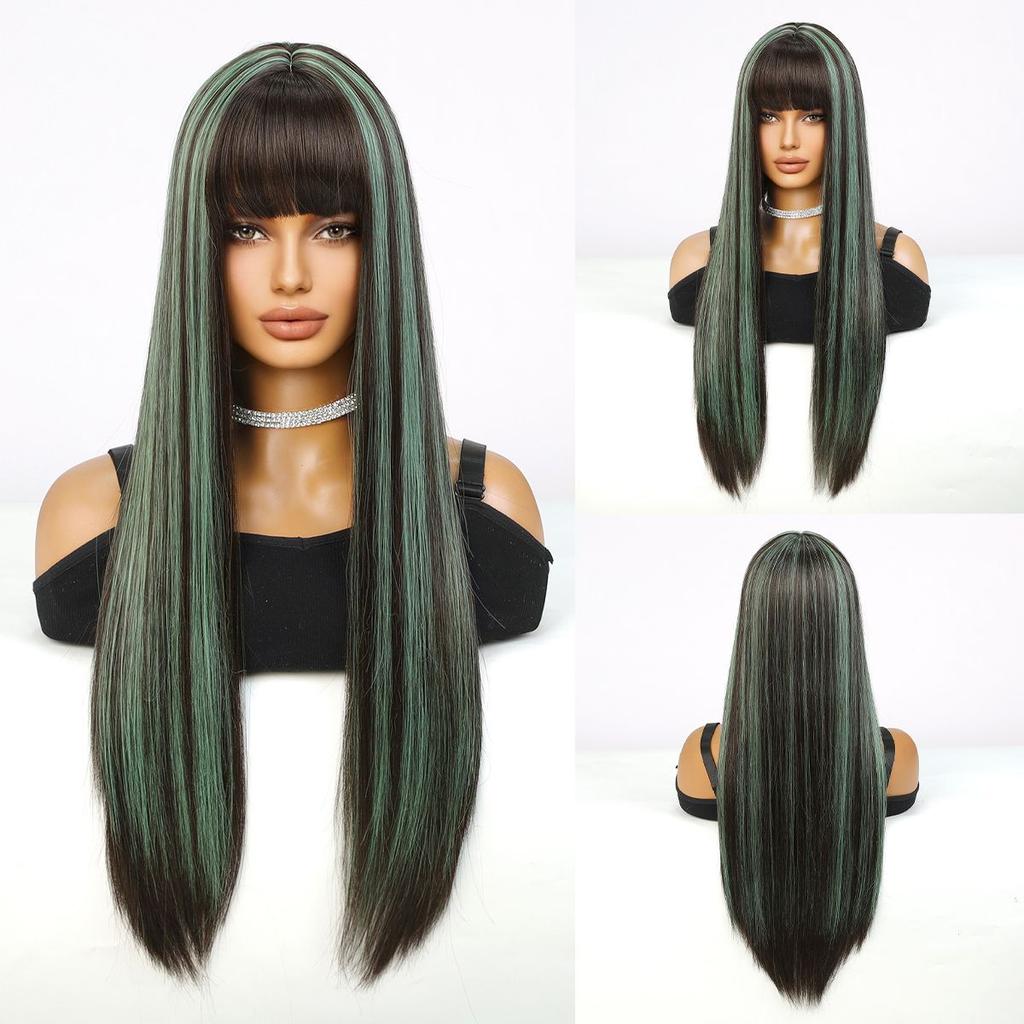 Zwarte Highlights Roze Synthetische Pruik met Pony Lange Rechte Zwarte Highlights Rode Pruik Voor Vrouwen Cosplay Feest Kerstpruik 26inch