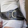 PU Leather Female Waist Belt with Irregular Buckle Rivets Decors PU Waist Belt Hollowed out Waistband for Coat Shirt