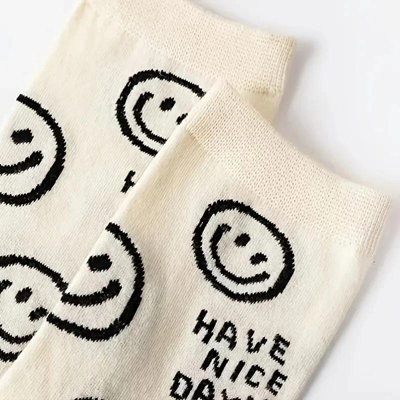5/10 Pairs Happy Face Crew Socks , Cartoon Cat Breathable Cotton Mid Tube Socks, Women'S Stockings & Hosiery