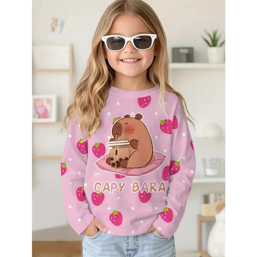 Capybara T-Shirts Children Cartoon Graphic Tee Harajuku Girl Tops Japanese Fashion Cute Animals Long Sleeves Children's Clothing