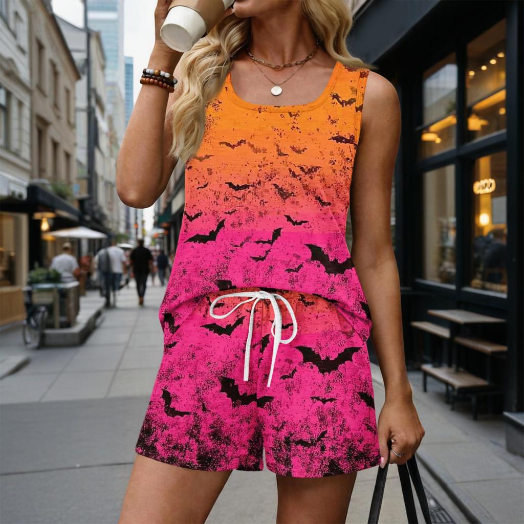 Women's Two Piece Summer Casual Shorts Set Floral Print Sleeveless Square Neck Tank Top with Pockets Lightweight Comfortable Outfit