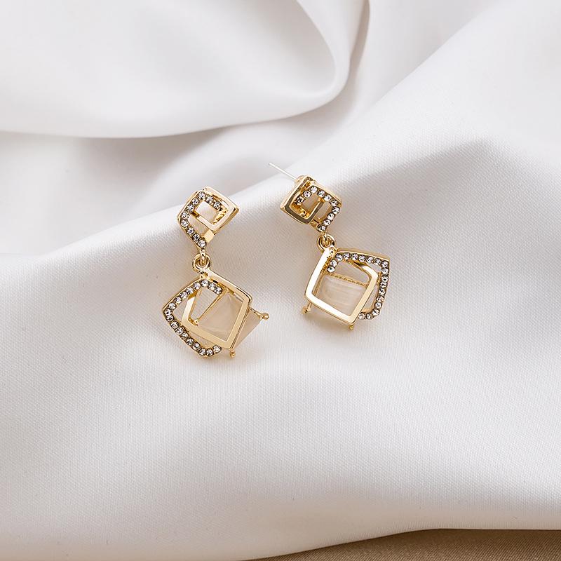 2023 Trendy Geometric Square 925 Silver Earrings with Cat's Eye Stone and Diamonds