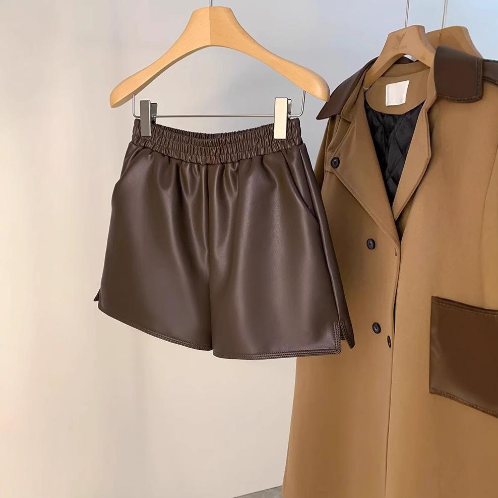Women's Fall Winter Plus Size High Waisted Loose Slimming Casual PU Leather Shorts Black Outer Wear Fall Spring A Line Pants Mini Shorts