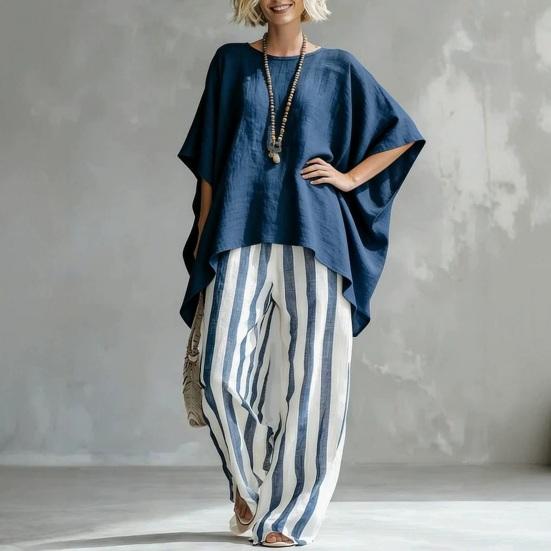 Women T-shirt Pants Two Piece Set Summer O-Neck Short Batwing Sleeves Shirt Striped Trousers Loose Casual Top Pants Suit
