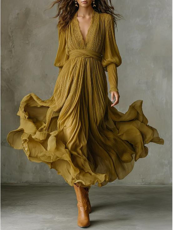 Bohemian Holiday Pleated Lace Chiffon Long Dress XS