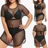 Women Mesh Sheer Bikini Cover Up Sexy See Through Swimwear Long Sleeve One Piece Beach Dress