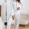 Elegant Heart Printed Sexy Pajama Set Long Sleeve Top and Elastic Waistband Pants Simple Fashion Casual Comfortable Pajama Set