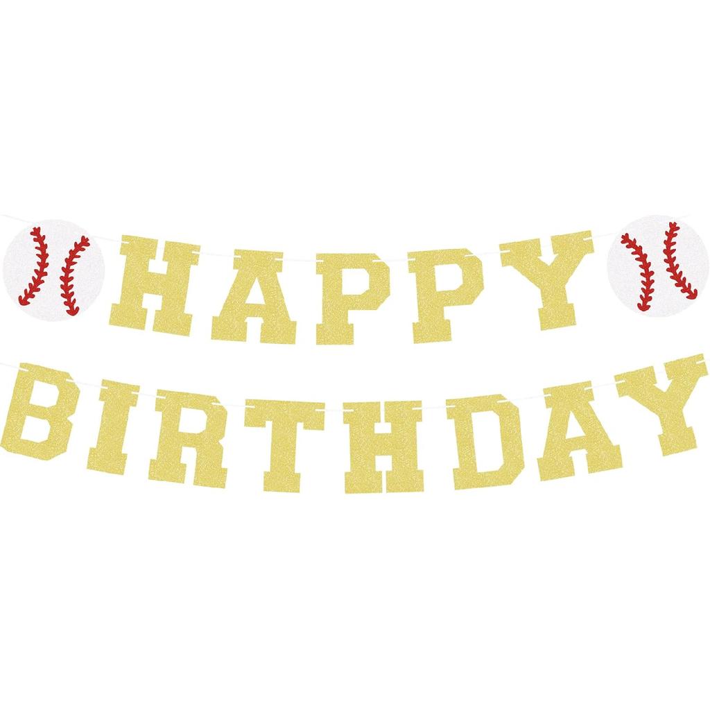 Set of 2 Pre-Strung Baseball Happy Birthday Banner - Blue Glitter Baseball Themed Birthday Party Decorations Supplies for Boys or Girls, Photo Booth