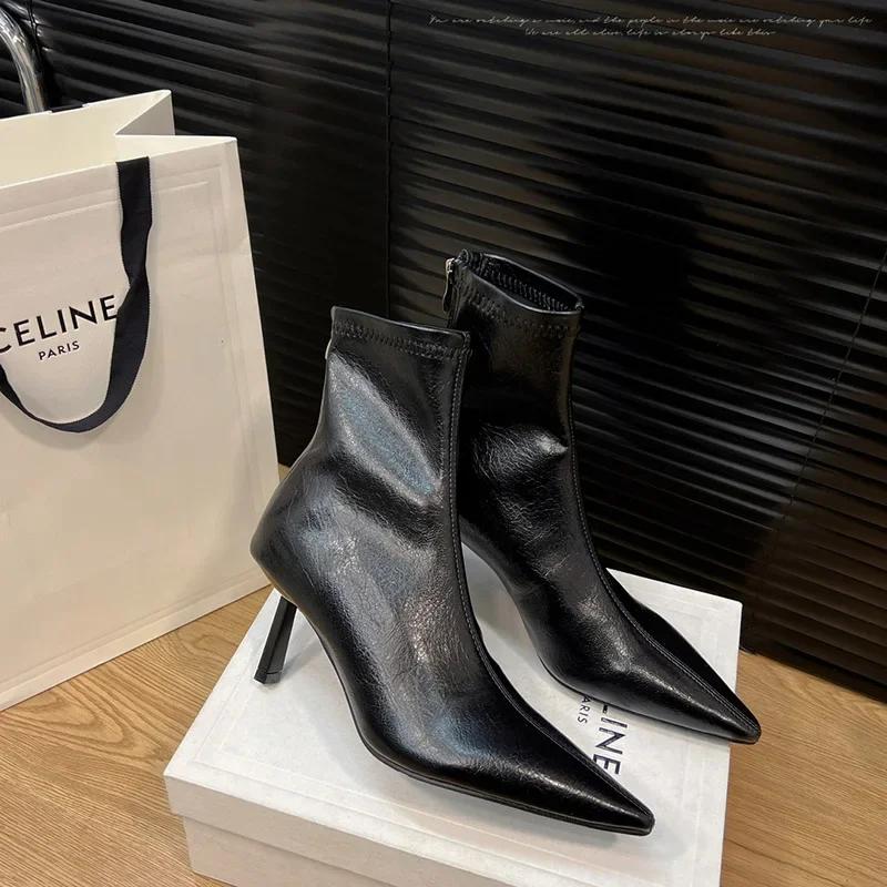 Dámské úzké kotníkové boty s špičatou špičkou, módní boty se zadním zipem, podzimní zimní tenký vysoký podpatek, dámské moderní krátké kotníkové boty