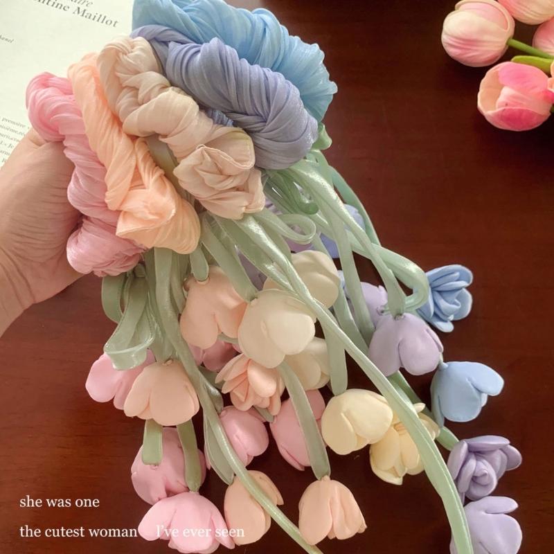 Elegant Floral Tulle Scrunchie With Fringe Detailing Headbands Rope Hair Band For Everyday Styling