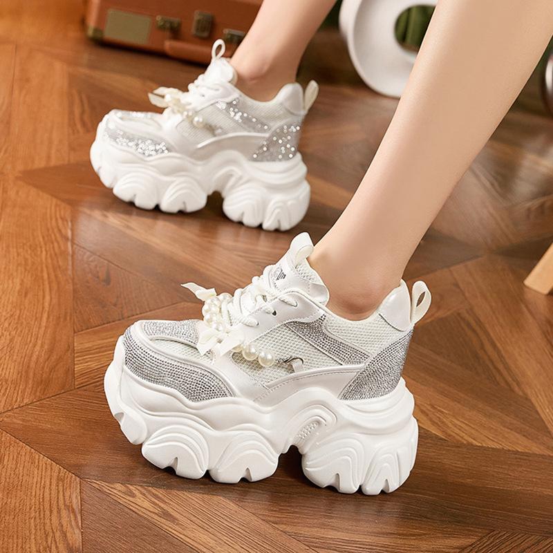 Thick-soled inner height increase dad shoes women's 2025 spring new rhinestone breathable single shoes small versatile casual women's shoes