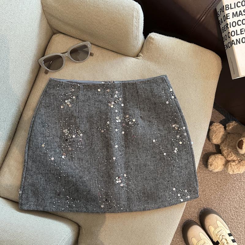 Women s High-Waisted Sequin Wool A-Line Skirt - Stylish Slimming Autumn/Winter 2025 Midi Medium темно-серого