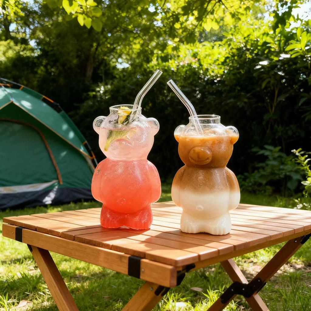 320ml Cute Bear Shaped Coffee Mug Cartoon Bear Glass Cup with Straw Transparent Cup Birthday Drinkware Party Supplies