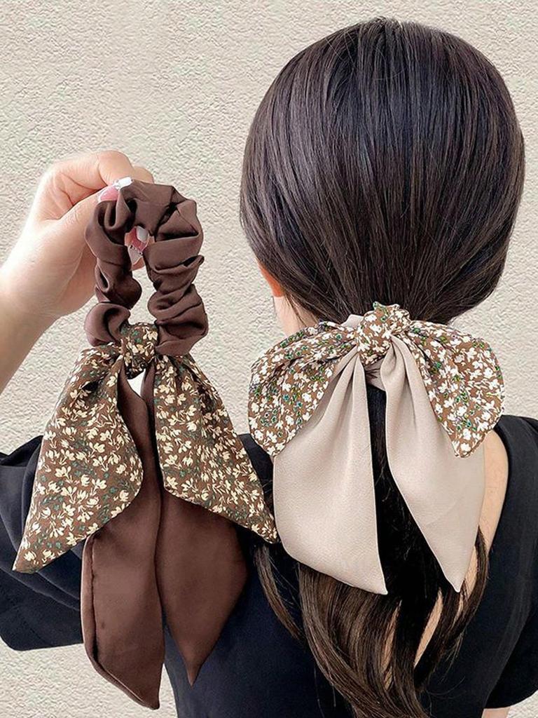 1/2/3Pcs Women's Vintage French Simple & Elegant Ponytail Bow Ribbon Hair Scrunchie, BohoScrunch Hair Ties For Daily