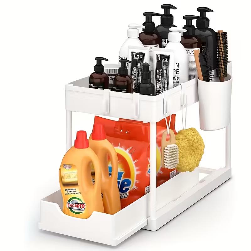 2 Layers Under Sink Organizer Sliding Cabinet Basket Organizer Storage Rack with Hooks Hanging Cup Bathroom Kitchen Organizer