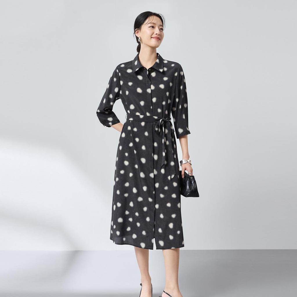 Mulberry Silk Heart Print Lapel Dress - 2026 Spring Style, Waist-Cinching Skirt, Elegant Design (2609)
