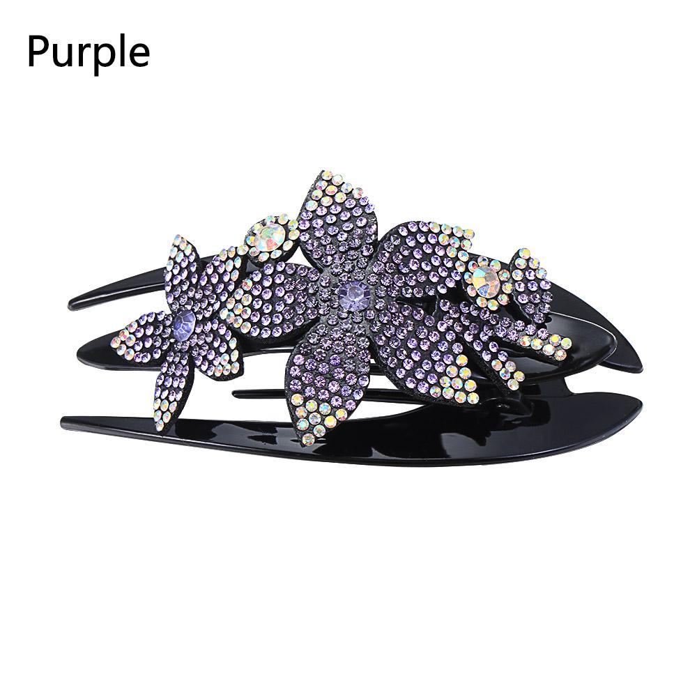 

Hot Hair Dovetail Clip Charm Flexible Rhinestone Durable Double Flower Hair Clip фиолетовый