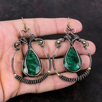 Pendientes de Esmeralda Zambiana Facetada Pendientes Envueltos en Alambre de Cobre Joyería de Piedras Preciosas Pendiente Único Joyería de Cobre Regalo de Compromiso Pendiente Hecho a Mano