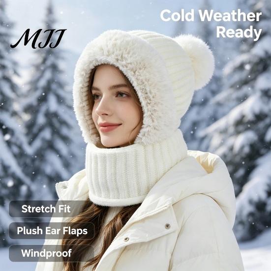 Elastic Warm Hat for Running Windproof Balaclava, Knitted Ski Mask Hat, Fleece Lined Knit with Winter Balaclava Men And Women Pompom, Cozy Neck Warmer