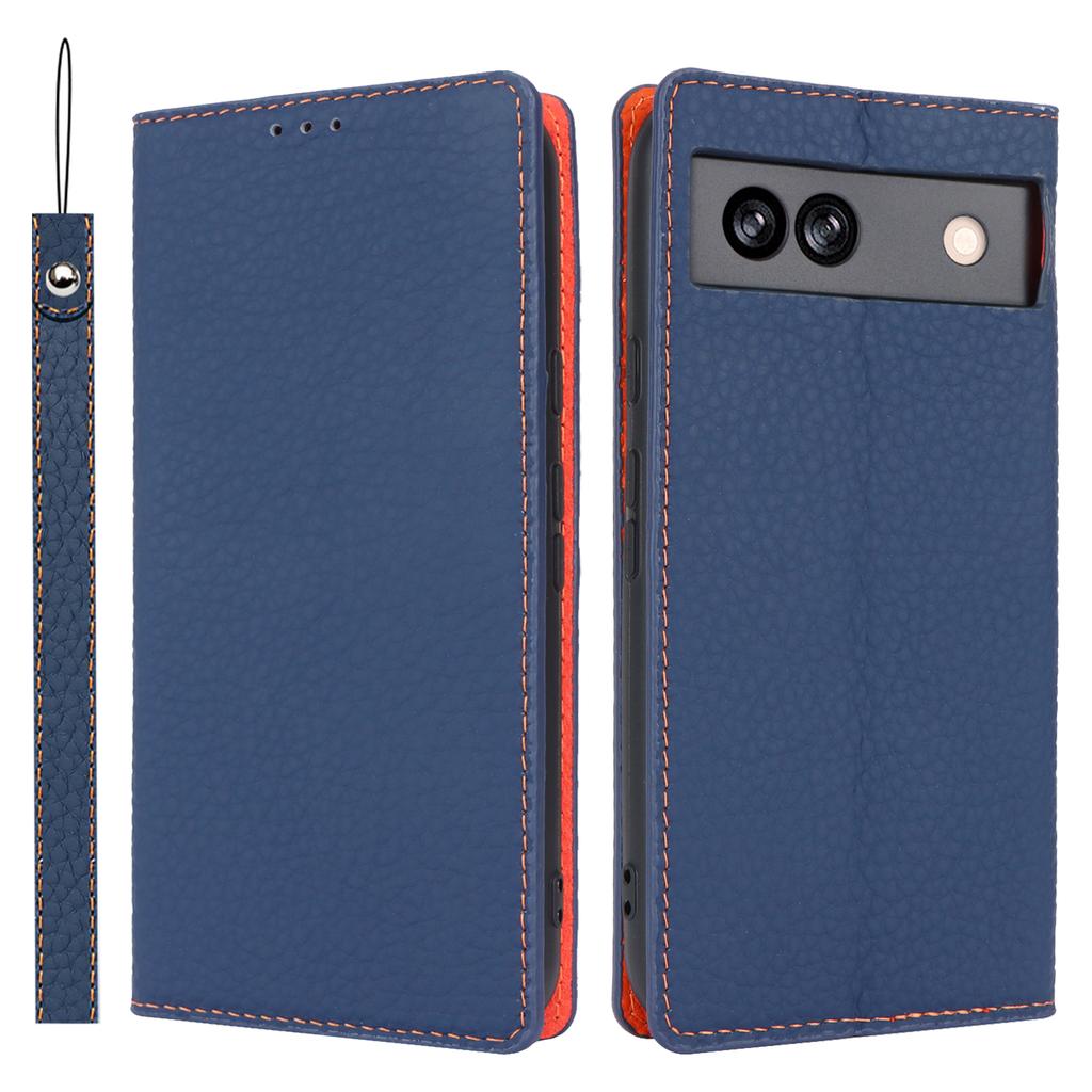 For Google Pixel 8a Genuine Cow Leather Case Litchi Texture Phone Wallet with Strap