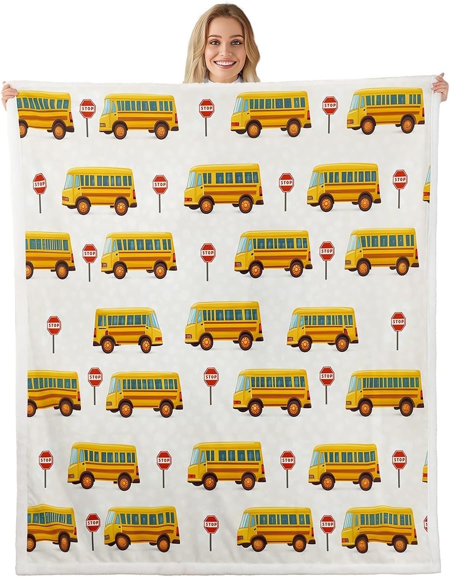 School Bus Blanket Yellow Bus Pattern Fleece Throw Kids Room Decor Back to School Theme Cozy Bed Cover 75x90cm