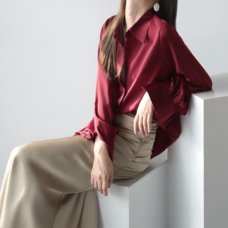 Women's Long Sleeve Satin Shirt - 2025 Retro Drapey Top, Versatile Hong Kong Style for Spring & Autumn