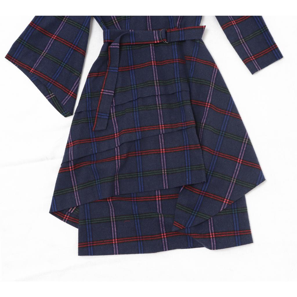 Bikeomin Ruffle Skirt Double-Sided Tartan Check Belted Fleece Dress
