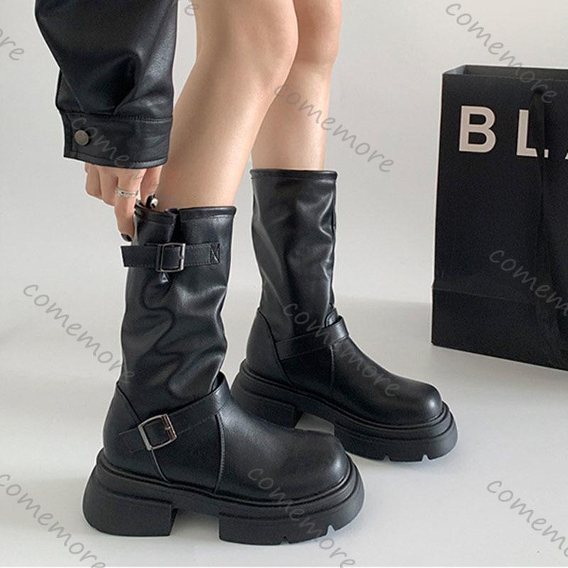 Fashion Comemore Vintage Thick Bottom Mid-calf Boots Women Autumn Soft Leather Western Short Bottes Femmes Chunky Heeled Boots for Woman