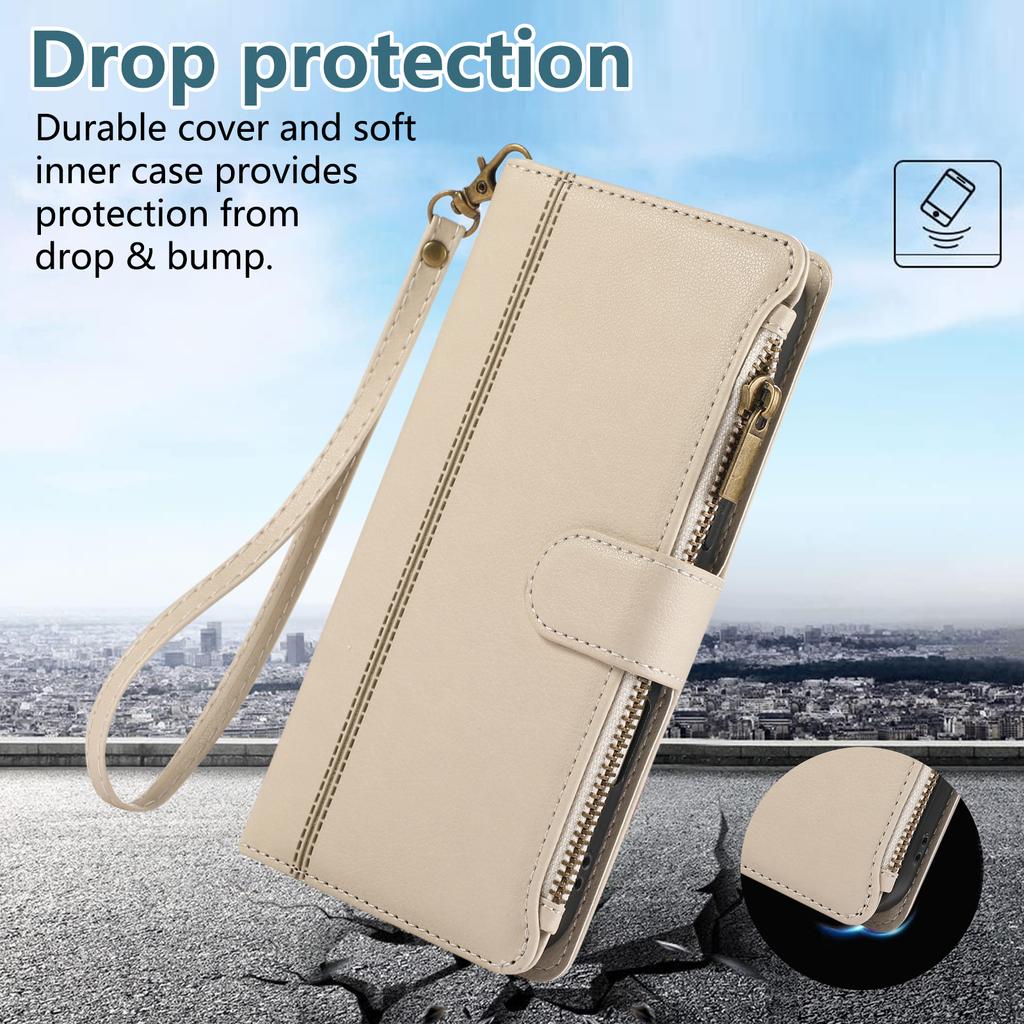 For iPhone 16 Case Multi Card Slots Zipper Leather Phone Cover with Wrist Strap