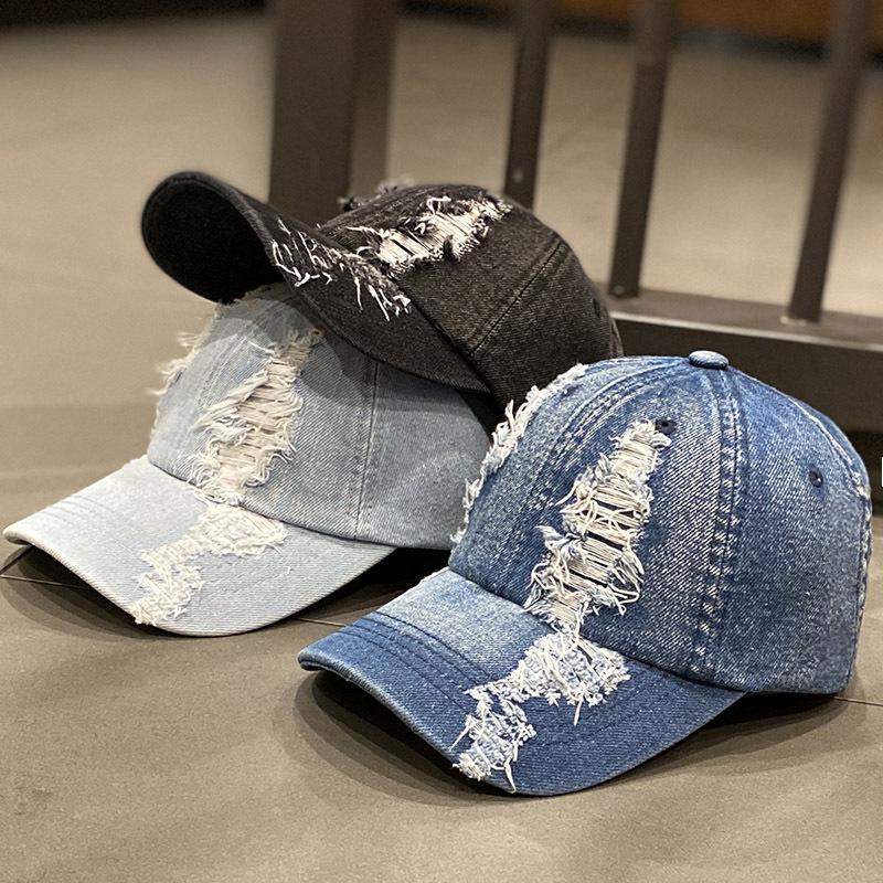 Washed Denim Baseball Caps Women Vintage Holed Distressed Cap Fashion Sports Denim Hats Plain Women Men Dad Caps