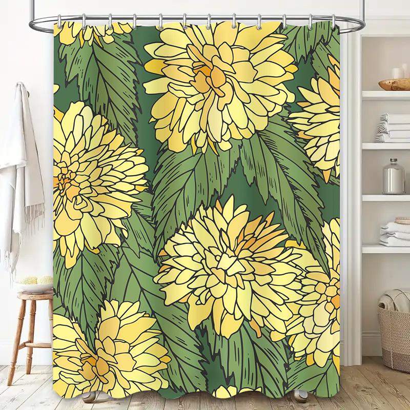Yellow Flower Shower Curtain, Green Leaves Bath Decoration Fabric Rug Door Panel Home Decor Waterproof Printing Bathroom Shutter