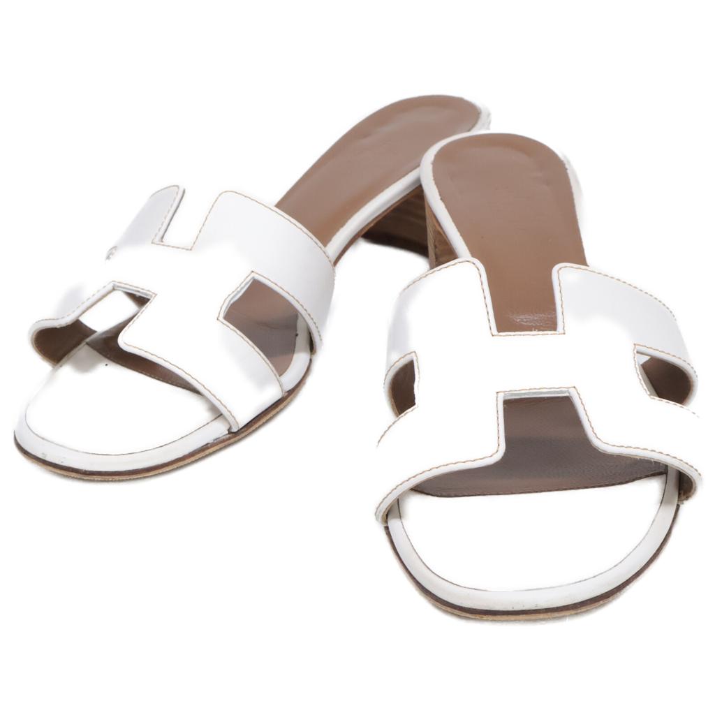 Hermes H071002Z OASIS Calfskin H Motif Heeled Sandals/ Shoes 37 whiteUsed