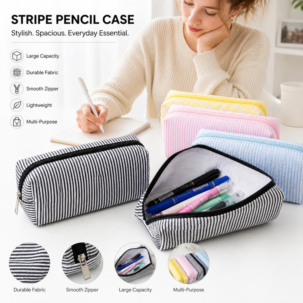 Estuche para Bolígrafos con Patrón de Rayas Gran Capacidad Estuche de Maquillaje Nuevo Estuche para Lápices Material Escolar