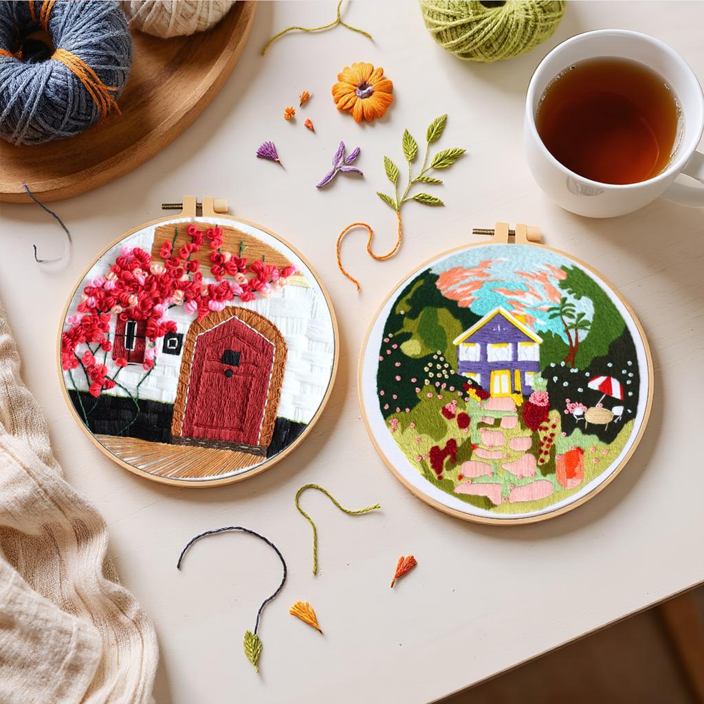 4 Pack Scenery DIY Embroidery Starter Kit 30x30cm Embroidery Stitches Practice Kit for Beginners Adults Hand Craft Lover Gift