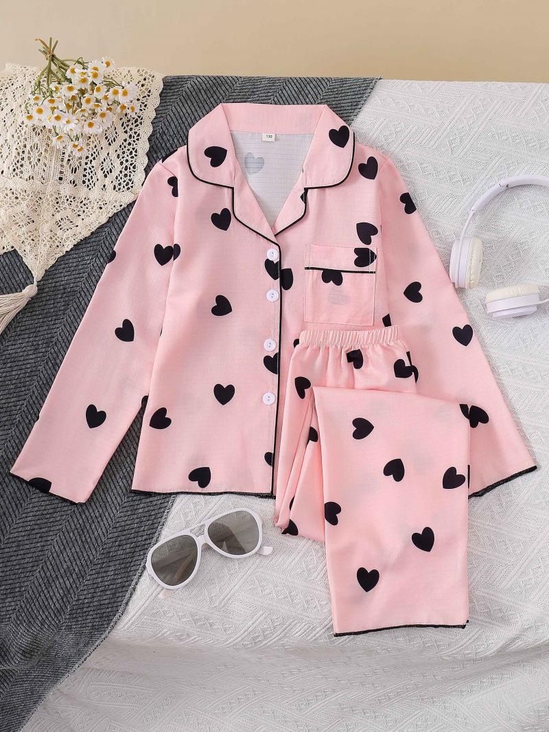Girls Heart Lapel Cardigan Pajama Set - Long Sleeve and Pant 110