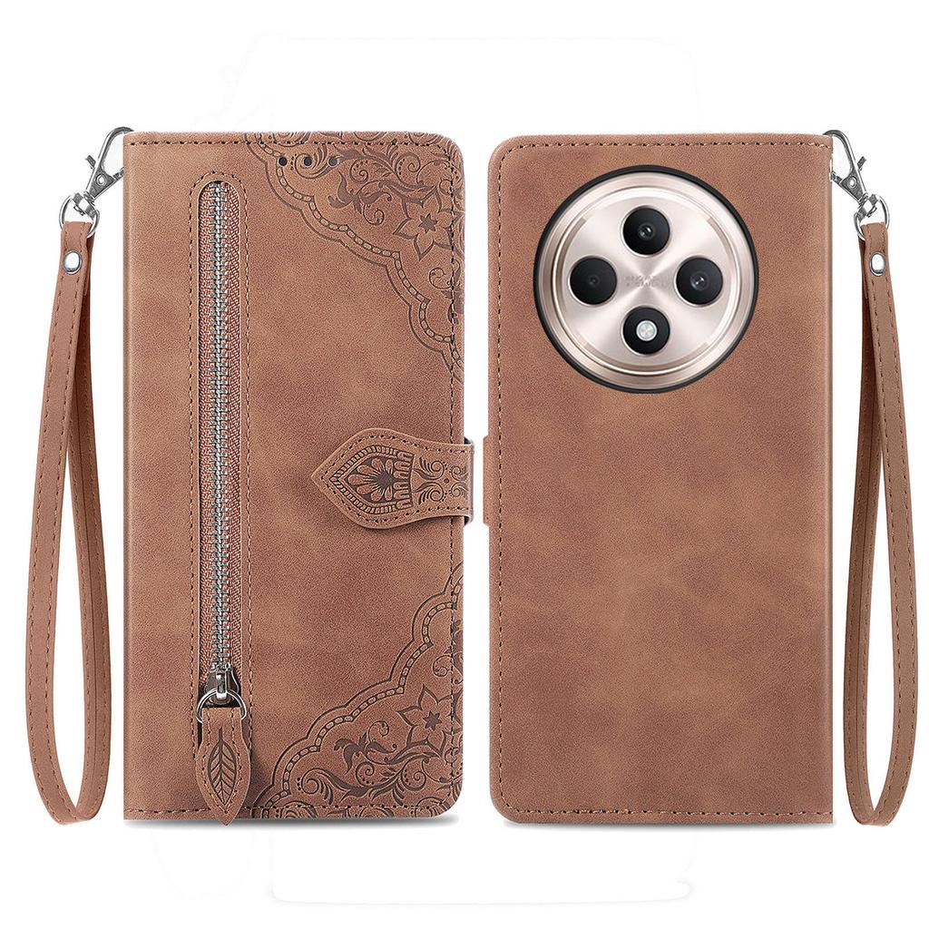 For Oppo Reno12 F 5G Zipper Wallet Case with Strap Flower Imprint PU Leather Phone Cover