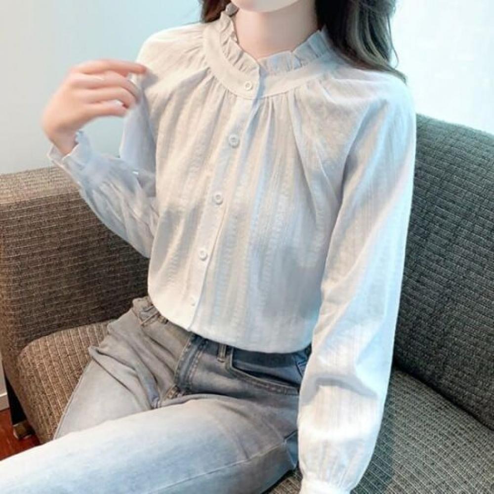 Navava Solid Frill Henry Neck Long Sleeve Blouse Nb3025
