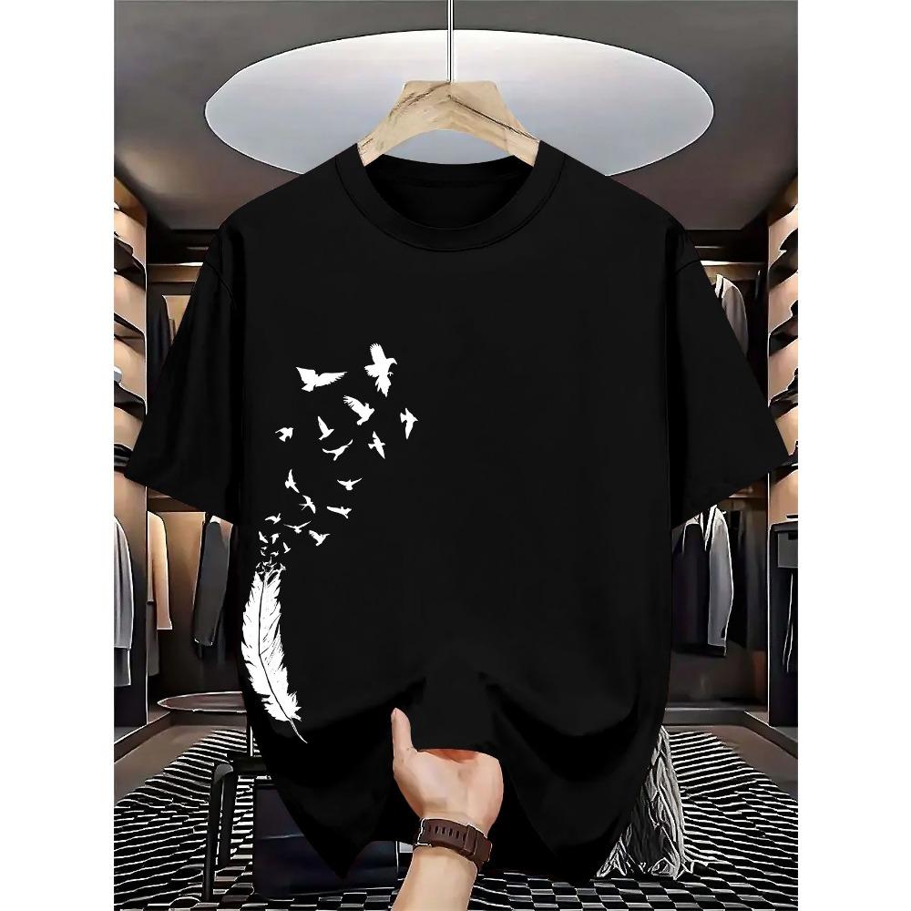 Men's 100% pure cotton summer casual loose fashion bird creative pattern printed round neck T-shirt versatile top