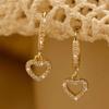 1Pair Luxury Crystal Zircon Heart Pendant Hoop Earrings for Women, Gold Color Hollow Circle Geometric Ear Buckles with Sparkling CZ Trim, Fashion Stat